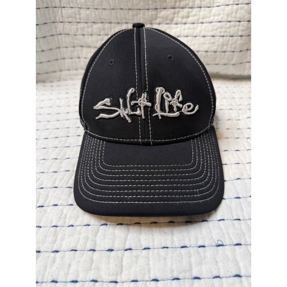 Salt Life Mens Black Embroidered Logo Baseball Hat White Contrast Stitch Cap